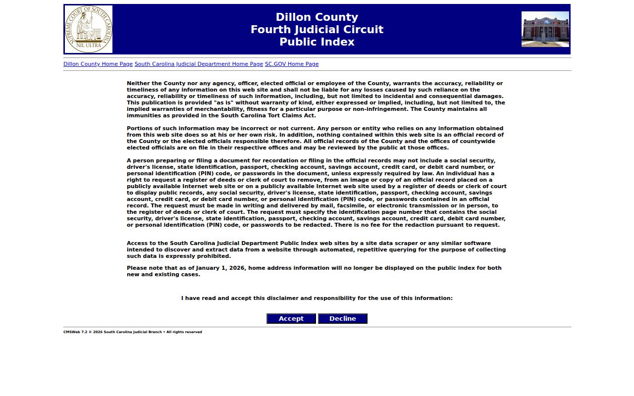 Dillon County criminal court record Public Index search