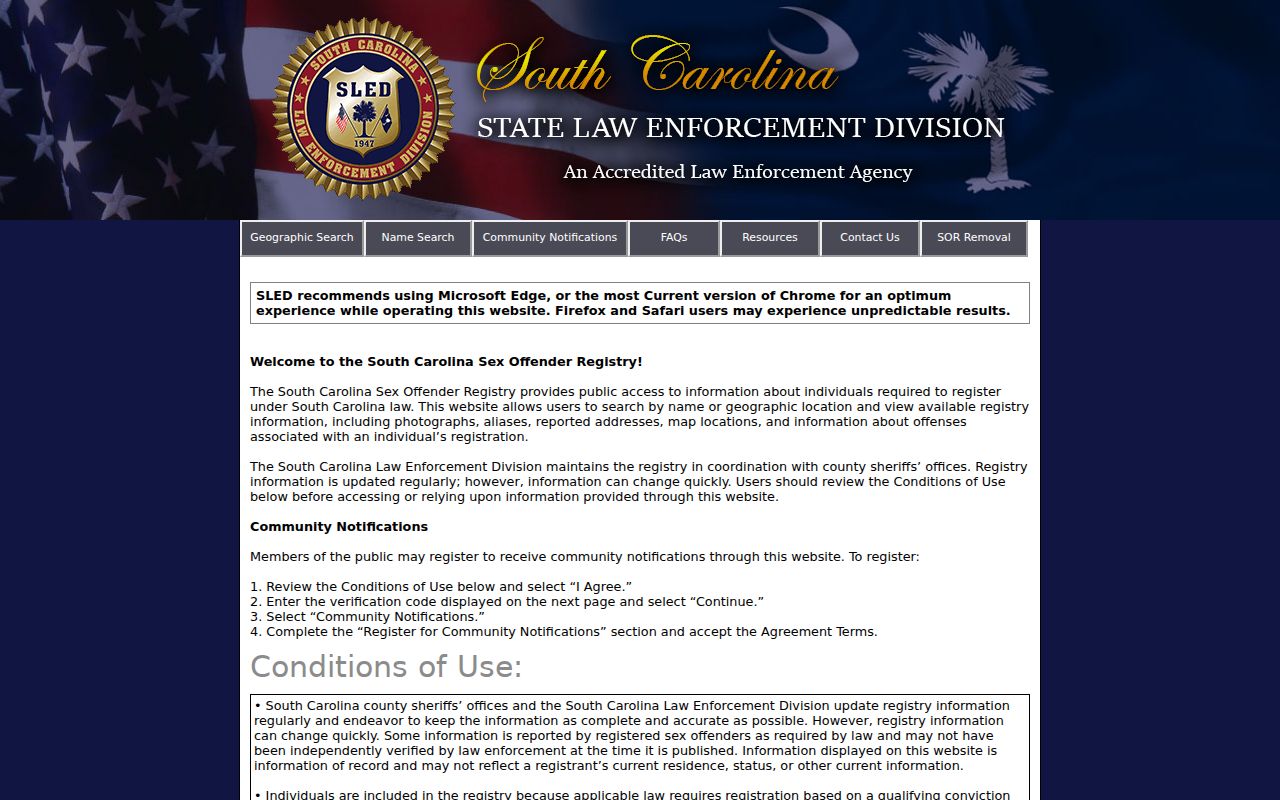 Dillon County sex offender check on the South Carolina SORT search interface
