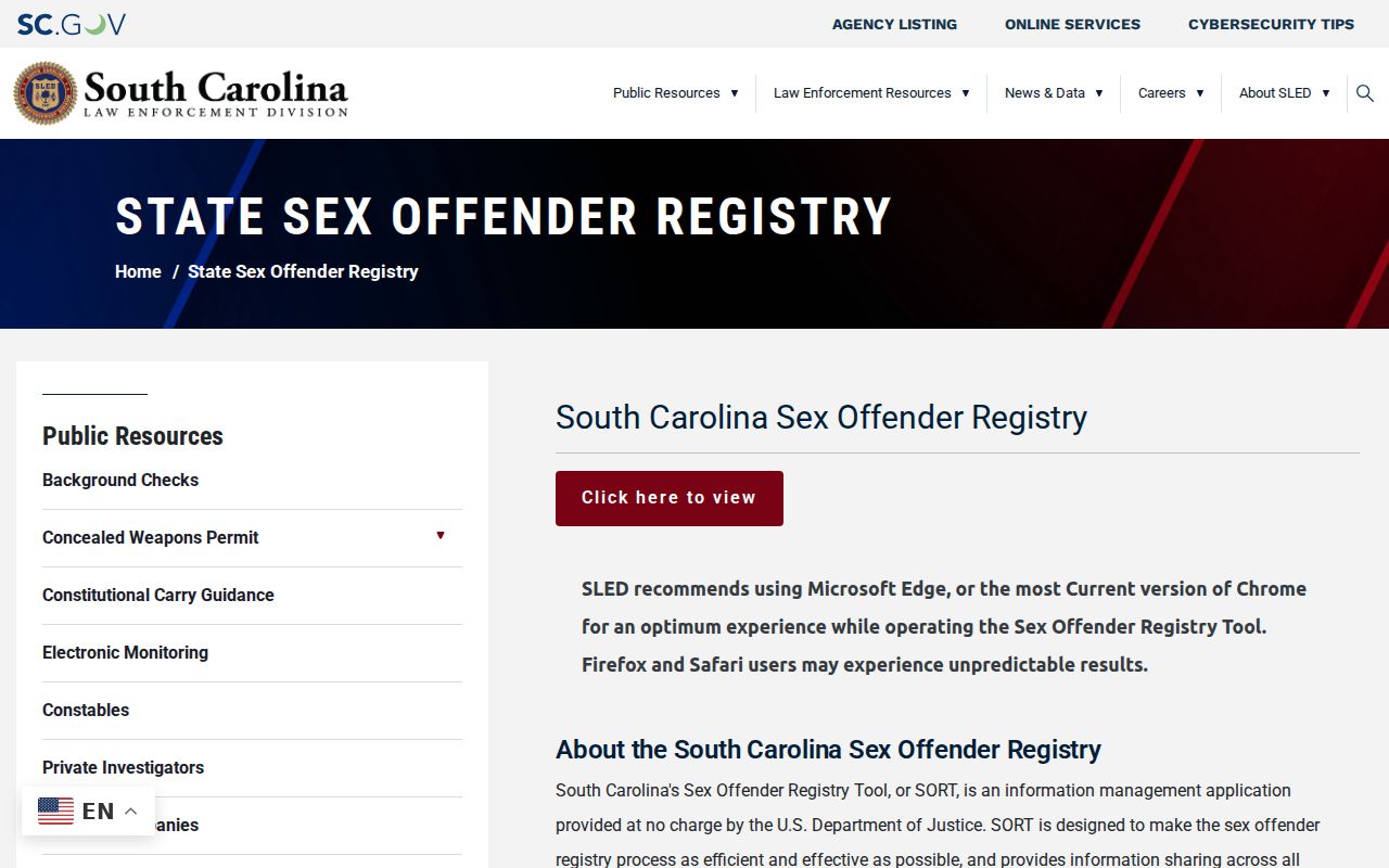 Dillon County sex offender check guidance from the SLED registry information page